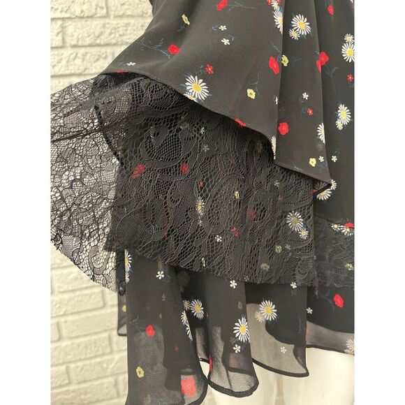 BCBGeneration Women Black Daisy Print Ruffle Layered Mini Halter Dress Size 4 NW - Picture 10 of 12